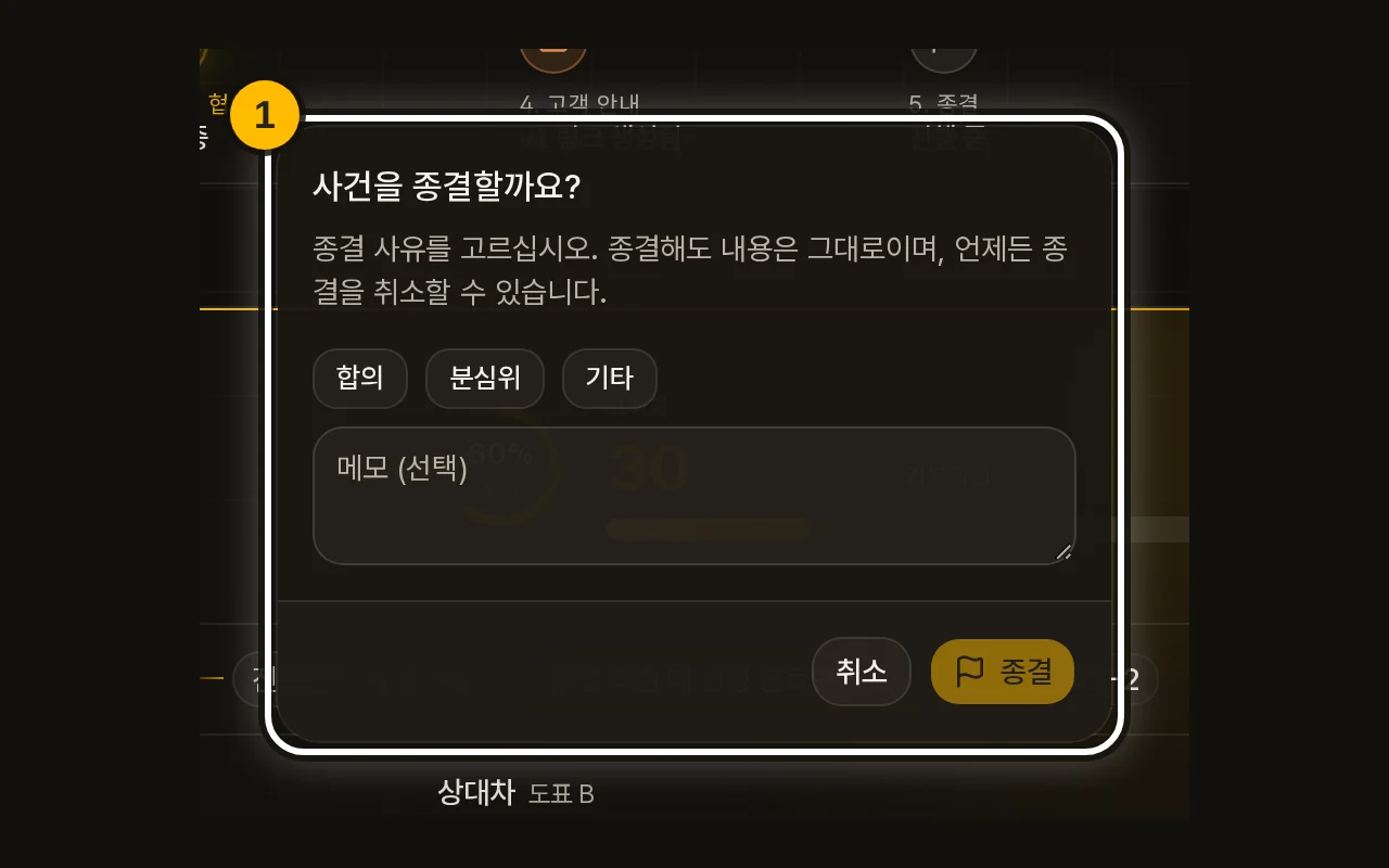 「사건을 종결할까요?」 확인 창. 종결 사유를 고르는 버튼이 있습니다.